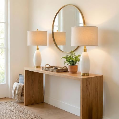 USumkky 24" White Oval Ceramic Table Lamp Set of 2, Modern Minimalist Bedside Nightstand Lamps for Bedroom Living Room, Linen Shade & Gold Metal Base, Rotary Switch E26 (Bulbs Excluded) - Image 6