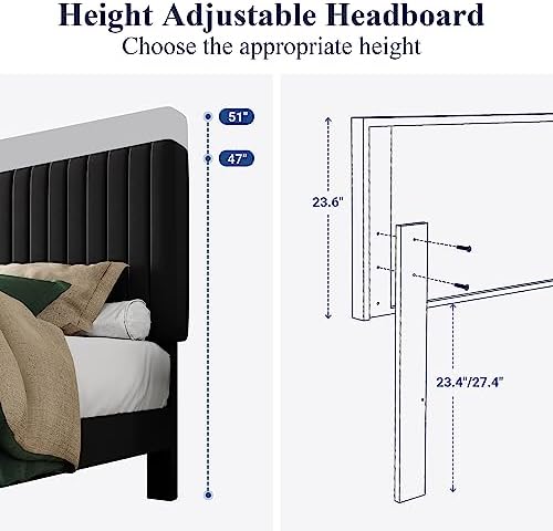 Allewie King Platform Bed Frame, Velvet Upholstered with Adjustable Vertical Channel Tufted Headboard, Mattress Foundation with Strong Wooden Slats, Box Spring Optional, Easy Assembly, Black - Image 6