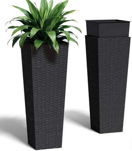 Greesum 32 Inch Tall Plastic Planters with Rattan Texture – Set of 2, Black by BuynowfromGreesum