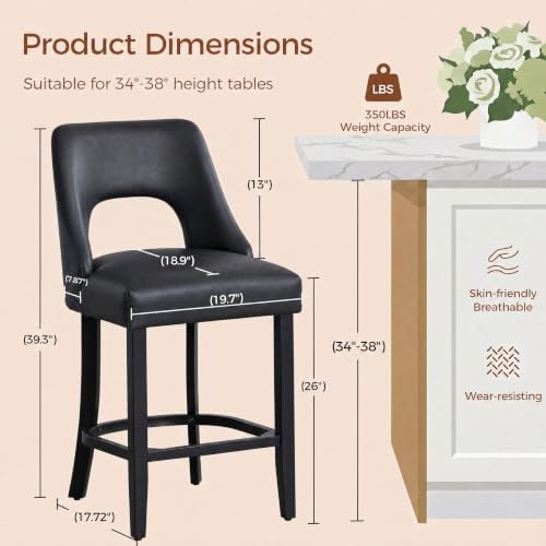 UVV Bar Stools Set of 2, Modern Upholstered Counter Height Bar Stools, Faux Leather Counter Stools BarStools with Wood Legs for Kitchen Island Dining Room Bar, Black - Image 2