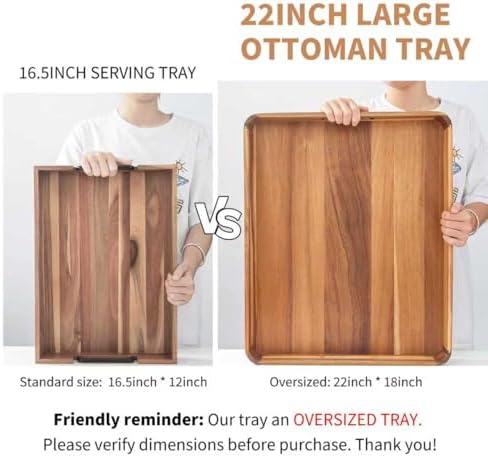 Large Wooden Ottoman Tray, Great 22"x18" Rectangle Trays for Big Ottoman Counter, Huge Kitchen Wood Serving Tray Round Corner, Living Room Coffee Table Decor Centerpiece Organizer Trays - Image 3