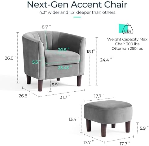LINSY Accent Chair with Ottoman, Modern Armchair Comfy Barrel Reading Chair with Footrest for Living Room Bedroom Reading Room, Velvet, Light Grey - Image 2