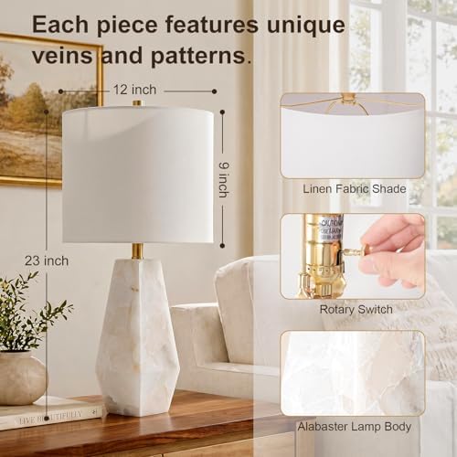 Scenekoy Alabaster Table Lamps Set of 2, Modern Desk lamp with Night Light - Image 2