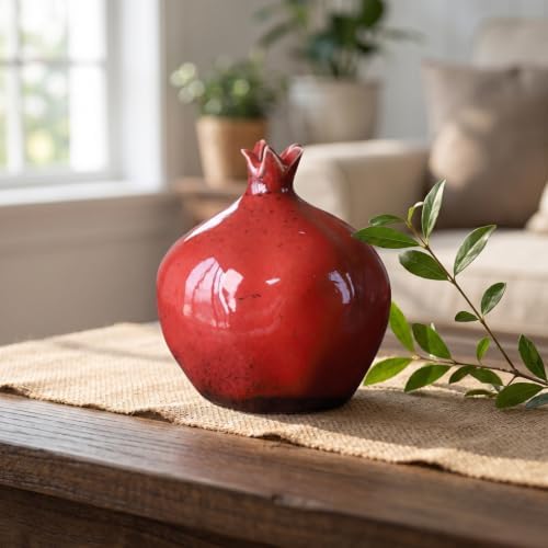 VOSAREA Glazed Ceramic Pomegranates Bud Vase, Pomegranate Home Decor Creative Flower Vase Fake Pomegranate Fruit Table Centerpiece Art Craft Ornament Housewarming Gift B, 12.50X9.50X9.50CM, Red - Image 5