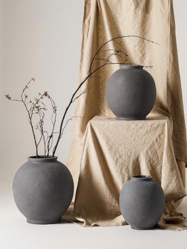 Black Ceramic Vase - Large 12.5 Inch Round Floor Vase for Centerpieces, Farmhouse Flower Vases, Rustic Minimalist Home Decor,Sandstone Dark Grey - Image 7