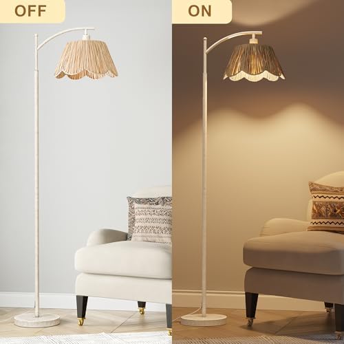 Oneach Farmhouse Floor Lamps for Living Room, Boho Floor Lamp for Bedroom with Foot Switch, Rattan Floor Lamp for Reading with Hand-Woven Shade, Antique White Metal Base & Pole - Image 4