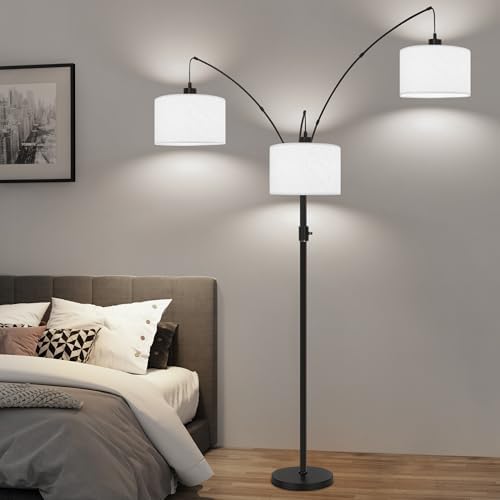 Dimmable Floor Lamp - 3 Lights Arc Floor Lamps for Living Room,Modern Tall Standing Tree Lamp with White Drum Linen Shade & Heavy Base,Mid Century Floor Lamp for Bedroom Corner Office,Bulbs Included - Image 6
