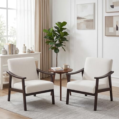 Accent Chair, Mid Century Modern Armchair, Solid Wood Arm Chair, Upholstered Comfy Reading Chair for Living Room, Bedroom, Waiting Room, Beige - Image 6