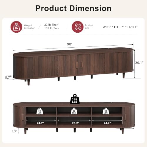 90" Mid Century Modern TV Stand with Power Outlet, Fluted Entertainment Center with Storage and Adjustable Shelves, Wood TV Console with Sliding Doors for Living Room, Walnut - Image 3