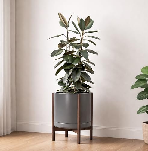 D'vine Dev Ceramic Pot with Walnut Wood Stand, Grey, 14 in, 55-B-T-3 - Image 4