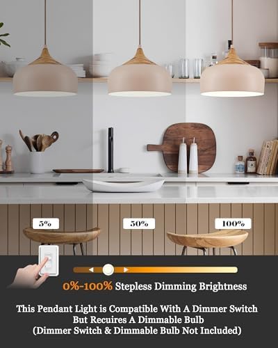 ELYONA 12 Inch Modern Japandi Pendant Light for Kitchen Island Farmhouse Hanging Lamp with Faux Pine Wood Grain Metal Shade, Adjustable Wabi Sabi Ceiling Fixture for Dining Room Bedroom,Light Brown - Image 2
