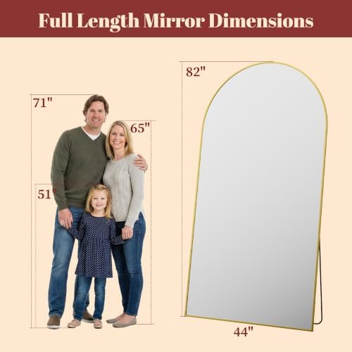 Suidia 82"x44" Arched Full Length Mirror with Stand, Full Body Mirror with Aluminum Frame, Freestanding/Leaning/Wall-Mounted, Floor Mirrors for Bedroom, Living Room, Entryway, Dressing Room, Gold - Image 4
