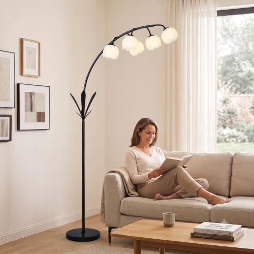 HMVPL Black Floor Lamp for Living Room, Flower Floor Lamp with 5 G9 LED Bulbs, Foot Switch, Arc Standing Lamp with Acrylic Shade,Marble Base, Cute Tall Lamp for Living Room Corner Bedroom Reading Home - Image 4