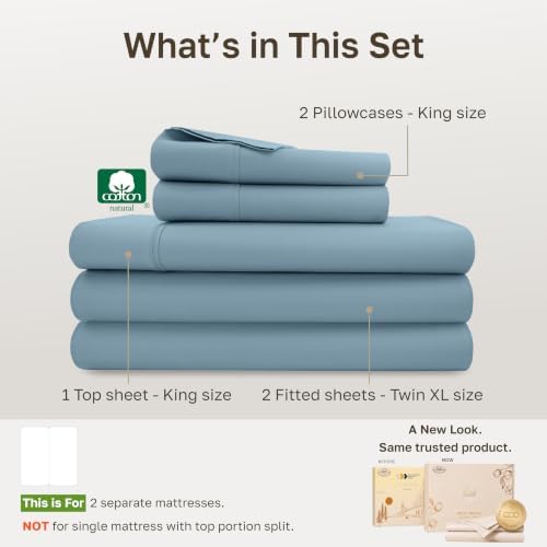 California Design Den 100% Cotton Sateen Split King Sheets, 5 Pcs, Sky Blue - Image 4