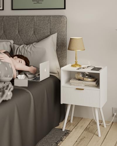 JOONEE White Nightstand with Outlet,Modern Bedside Table with Storage Drawer and Open Wood Shelf, for Living Room, Bedroom and Small Spaces, Accent Night Stand with Solid Wood Legs, Easy Assembly - Image 3