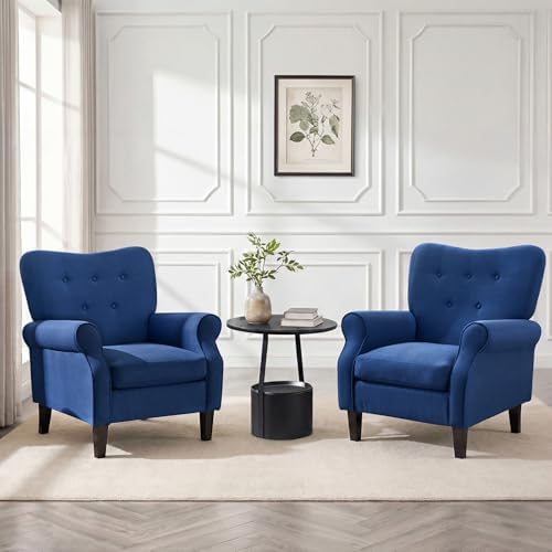 YOLENY Modern Accent Chair,High Back Armchair,Upholstered Fabric Button Single Sofa with Wooden Legs for Living Room,Bedroom,Club,Light Blue - Image 2