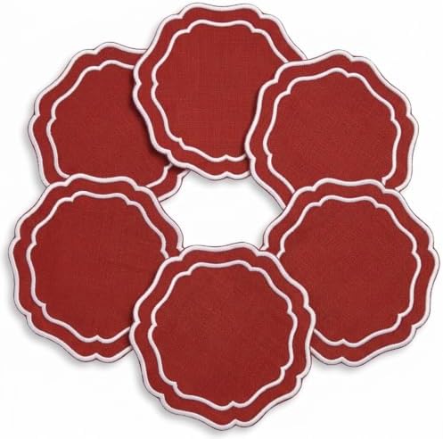 Linen Coasters for Drinks, Set of 6, 4.5 inch, Brick by EmbroideryLinenVN