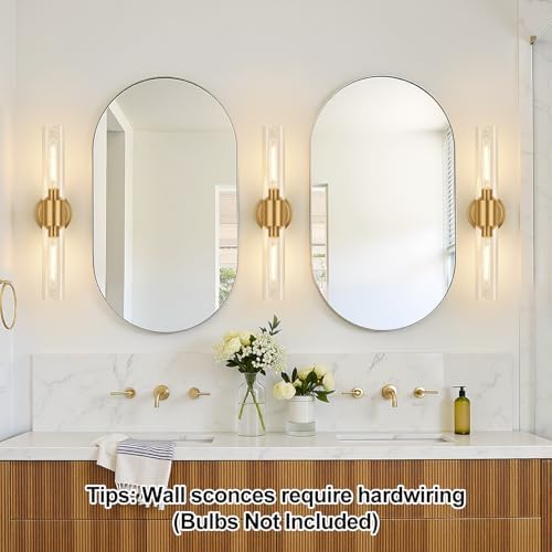 Wall Sconces Set of Two, Brushed Gold Bathroom Sconces Wall Lighting with Clear Glass, Hardwired Modern Sconces Wall Decor Set of 2 for Bathroom Mirror Bedroom Living Room Hallway - Image 3