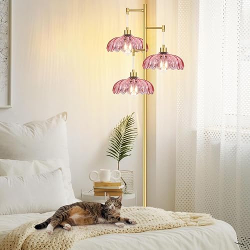 QIYIZM Pink Floor Lamp for Living Room,Bedroom,Gold Mid Century Modern Standing Lamp Brass Tree 3 Light Tall Floor Lamps Vintage Retro Floor Lights Glass Flower Lamp Shade Farmhouse Boho Bohemian - Image 2