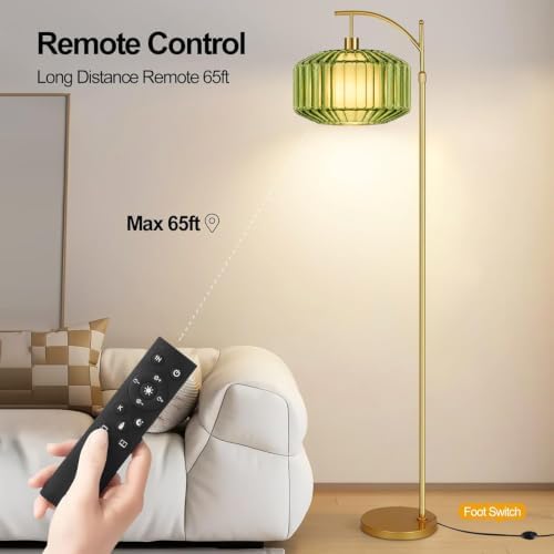 QIYIZM Green Floor Lamp for Living Room,Bedroom,Glass Standing Lamp with Remote Dimmable,Arc Mid Century Modern Vintage Tall Lamp Gold Brass Floor Lamps Flower Retro Floor Light Lamp Bohemian Boho - Image 5
