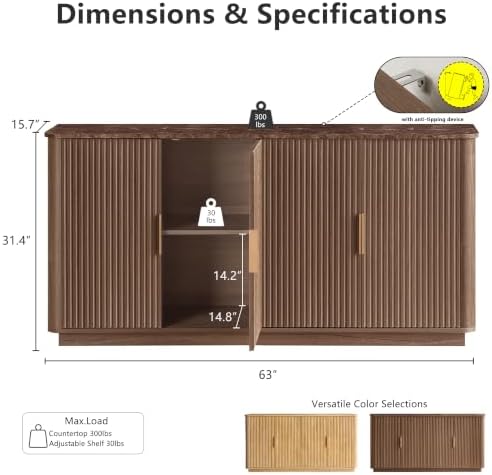 win2win 63" Fluted Sideboard Buffet Cabinet with Storage - Image 2