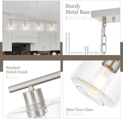 4-Light Brushed Nickel Kitchen Island Lighting, Modern Linear Dining Room Chandelier Light Fixtures with Clear Glass and Chain, Mid Century Hanging Lights for Kitchen Island, OS-YQ8153-4ISBNC - Image 2
