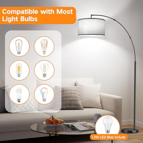 OUTON 81" Arc Floor Lamp, 12W 1080LM LED Dimmable Floor Lamp with 16" Gray Lampshade, Remote Control & Foot Switch, 4 Colour Temperatures, Tall Standing Lamp for Living Room Bedroom Office, Black - Image 7