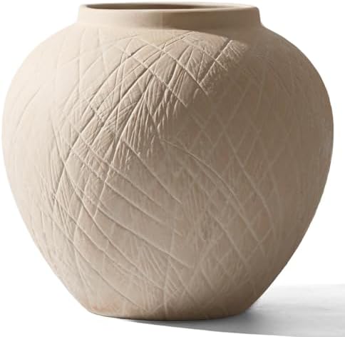 Rustic Ceramic Vintage Farmhouse Vase for Decor (Large Carved Beige) by RusticFarmhouseVaseforHome