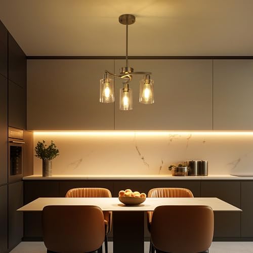 CNRATYE 3-Light Brushed Nickel Pendant Lighting for Kitchen Island, Hanging Dining Room Light Fixtures Over Table, Industrial Chandelier for Entryway Hallway Foyer Bedroom, Clear Glass Shade - Image 2
