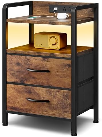Lazzanto Nightstand with Rear Charging Station, LED Light, 2 Drawers, Brown by Lazzanto