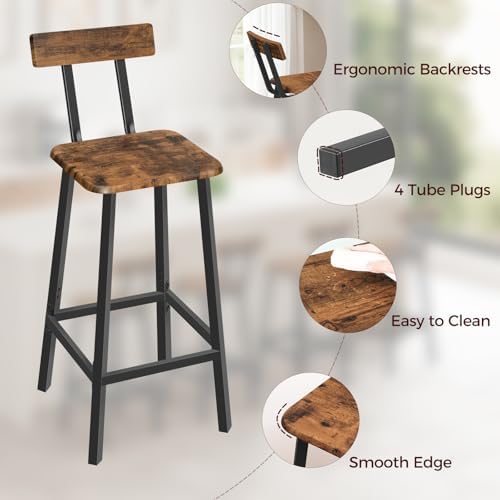 MAHANCRIS Bar Stools, Set of 2 Bar Chairs with Backrest and Footrest, 26" Breakfast Chairs, Counter Stools for Bar, Living Room, Kitchen, and Dining Room, Rustic Brown and Black BAHR05101 - Image 5