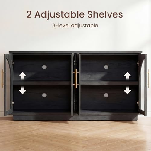 Fatmok 2-Piece Buffet Cabinet Set, Glass Display Cabinet & Solid Storage Cabinet Combo, 59” Modern Sideboard with Adjustable Shelves for Dining Room Living Room Entryway (Black Grey) - Image 3
