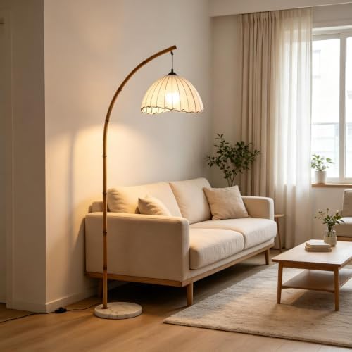 Retro Floor Lamp Unique Bamboo Color Floor lamp Bohemian Hanging Arc Floor Lamp with Antique Rattan Style Vertical Standing tall Lamp for Bed Room Farmhouse Study Living Room Indoor decoration - Image 4
