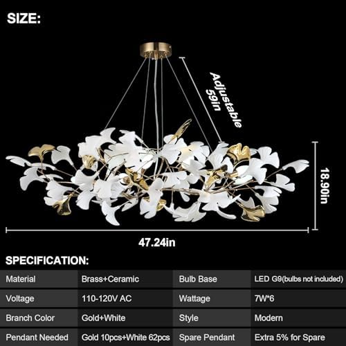 Branch Chandelier Modern Gold Ceramic Ginkgo Leaf Chandeliers L47 Inch Brass Rectangle Chandelier Large Luxury Hanging Lights Fixture for Living Room Dining Room, 6-Light - Image 4