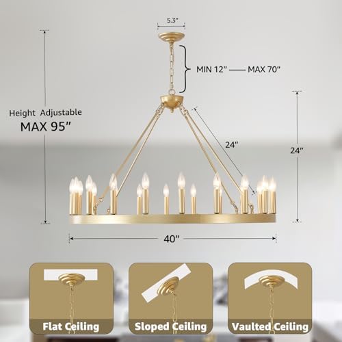 40" Gold Wagon Wheel Chandelier 20-Light Large Dining Room Chandelier - Image 3