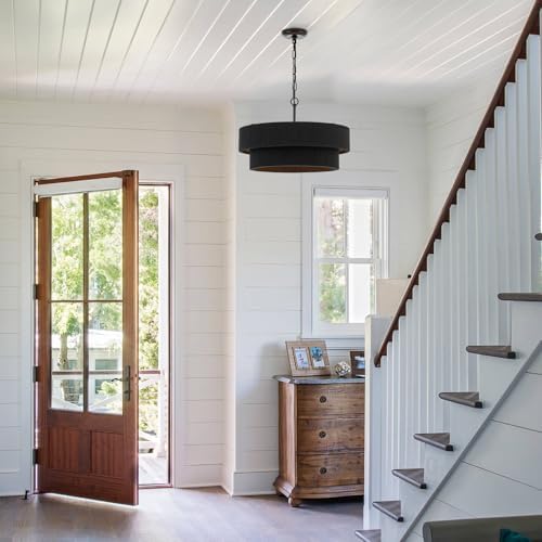 20” Black Hand Woven Rattan Chandelier Boho Pendant Light Adjustable Modern Pendant Light for Kitchen Island Dining Living Room, UL Listed - Image 5