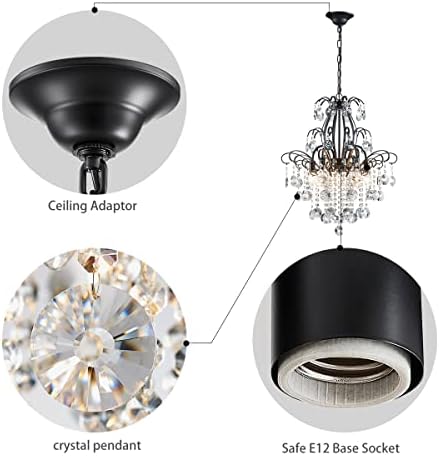 WUZUPS Crystal Chandelier 5-Light Pendant Ceiling Light Modern Lighting Fixture for Bedroom Hallway Bar Kitchen Bathroom, H 22.6'' x W 19.2'', E12 Base, Black - Image 3