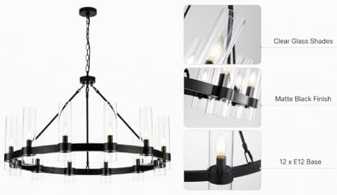 38 Inch Black Wagon Wheel Chandelier with Glass Shade, 12 Lights, Modern Farmhouse Style, Ideal for Dining Room, Kitchen, Entryways - Image 3