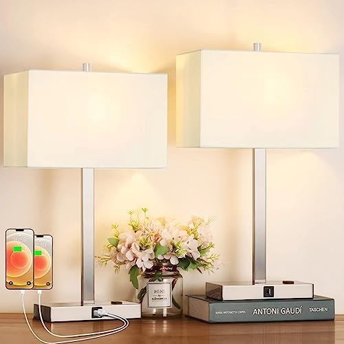 21" Touch Bedside lamps with 2 USB & AC Outlets, 3-Way Dimmable Bedside Table Lamps Set of 2 for Bedroom Living Room Office Reading, White Shade Lamps for Night Stands, 3000K LED Bulbs Included by BringBrightnesstoYourLife
