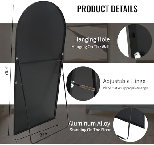 Beauty4U 76" x 37" Arched Full Length Mirror with Stand, Black Floor Mirror - Image 3