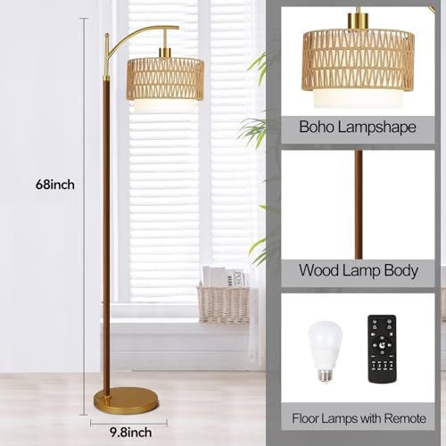 ZECOXOL Boho Floor Lamps for Living Room Rattan Floor lamp with Remote Control & 3 Color Temperatures,Vintage Wood Mid Century Modern Standing Lamp Dimmable Tall Floor Lamp for Bedroom Corner - Image 5