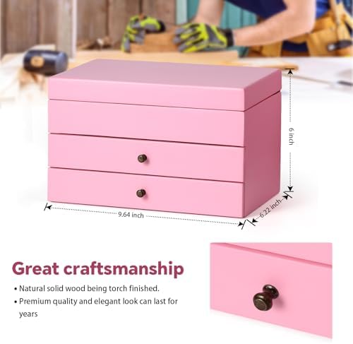 Meangood Jewelry Box Organizer for Women, 3 Layer Large Jewelry Storage Case, Rustic Wooden Jewelry Box with Mirror & Ring Tray for Necklace Earring Bracelets Rings, Vintage Style (Pink) - Image 3