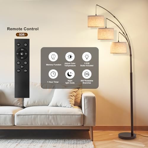 3 Light Arc Floor Lamps for Living Room, 2400LM Super Bright Floor Lamp with Remote Control, 80" Tall Floor Lamps with Stepless Dimmable, Mid Century Tree Floor Lamp for Bedroom, Office - Image 3