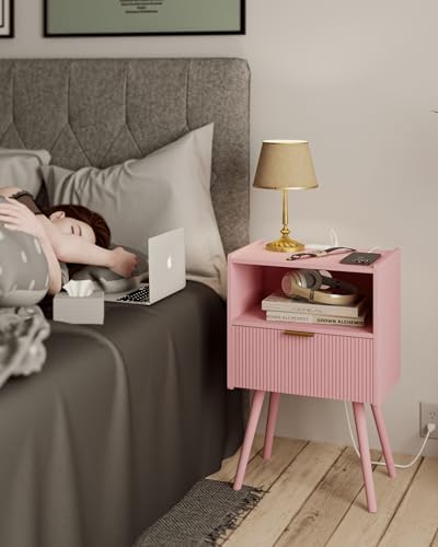 JOONEE Nightstand with Oultlet,Modern Bedside Table with Storage Drawer and Open Wood Shelf, for Living Room, Bedroom and Small Spaces, Accent Night Stand with Solid Wood Legs, Easy Assembly,Pink - Image 3