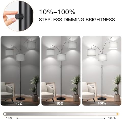 Dimmable Floor Lamp, 3 Lights Black Arc Floor Lamp, Modern Tall Standing Tree Lamp with Grey Linen Shades & Heavy Base, 3000LM LED Bulbs, Bright Lighting for Living Room, Bedroom, Office & Reading - Image 3