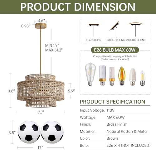 17.7" Rattan Chandelier for Dining Room, Large Boho Pendant Light - Image 3