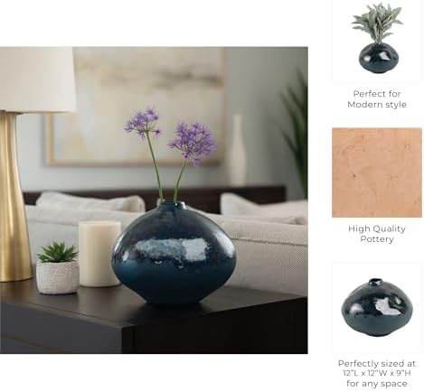 Polished Ceramic Vase for Bathroom Decor - Circle Earthenware Centerpiece for Home, Bedroom, Kitchen, and Living Room - Contemporary Flower Pots for Office, Entryway and Hallway - 9", Blue - Image 5