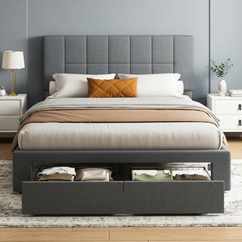 Marsail Queen Bed Frame with 2 Storage Drawers - Upholstered, Adjustable Headboard,6"-12" Mattress Fit, 1300 lbs Capacity, 12-Leg Sturdy Wood Construction, Easy Assembly, Dark Gray by Marsail