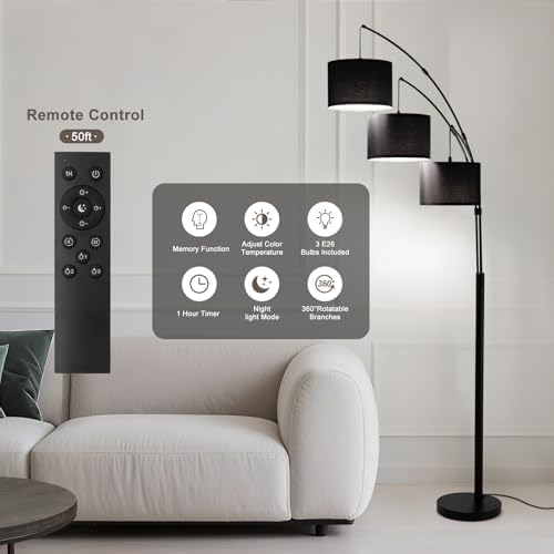 Floor lamp with Remote, 3 Light Arc Floor Lamps for Living Room, 2400LM Tall Standing Floor Lamps with Black Shades, 80" Large Floor Lamp for Bedroom, Office - Image 3