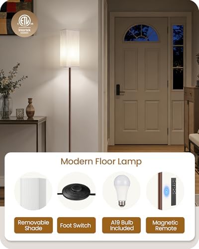 64.2'' Dimmable Floor Lamp for Living Room with Remote and Foot Switch, Corner Floor Lamp for Bedroom, Includes 10W A19 Bulb, Modern Standing Tall Lamp, ETL Listed, Brown and White VCW17LD05 - Image 4